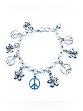 Hippie Charm Bracelet Peace Sign Flowers